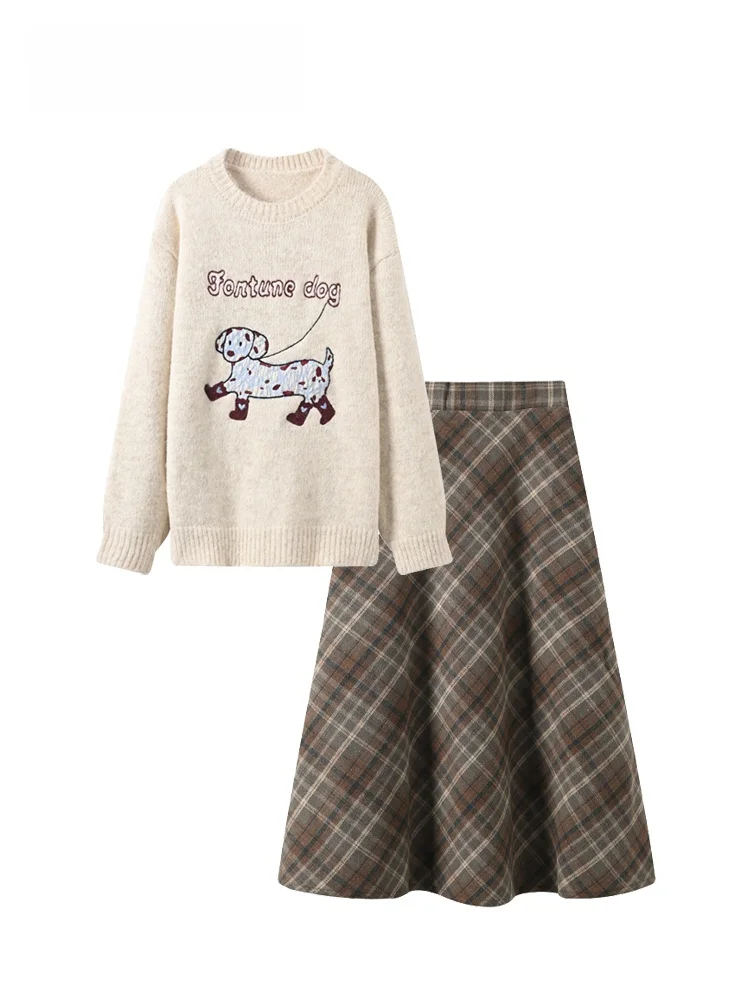 

plus Size Knitted Long Sve Skirt Set for Women High Waist A-Line Autumn Winter Thiened Polyester Casual Faion