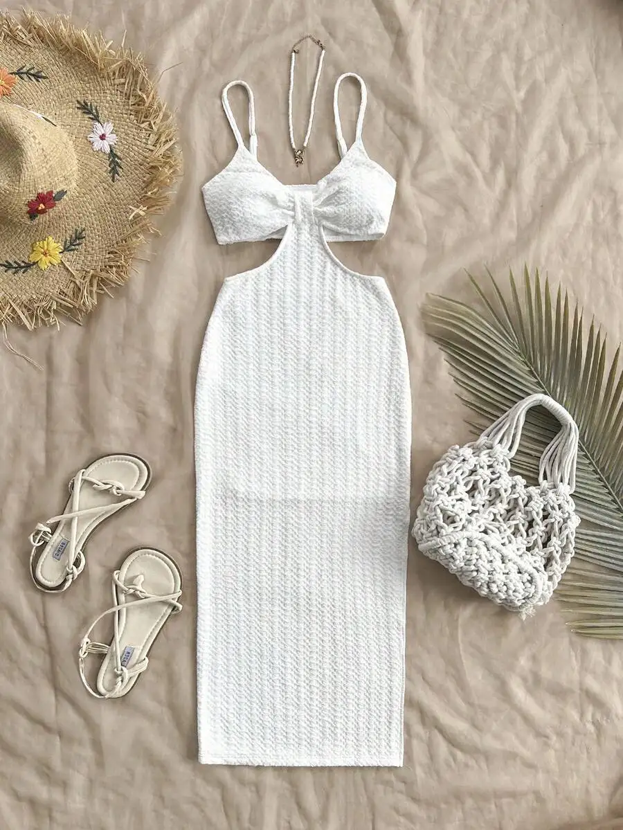 فستان متوسط الطول بحزام سباغيتي أبيض مع خصر مقصوص وملمس مموج، فستان صيفي لحفلات عطلة الشاطئ