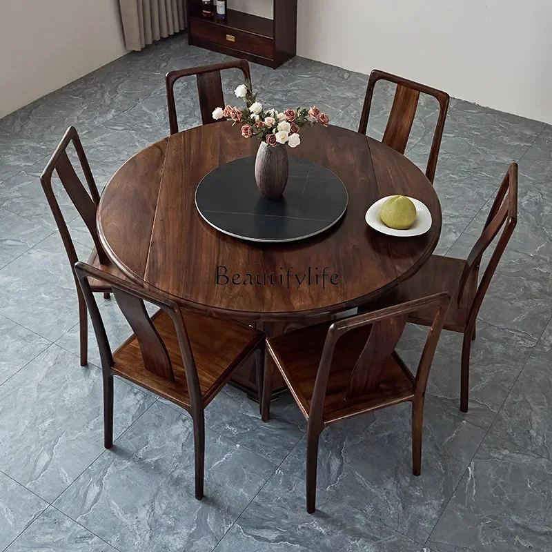 

Chinese retro solid wood dining table high-end retractable walnut dual-purpose small apartment round
