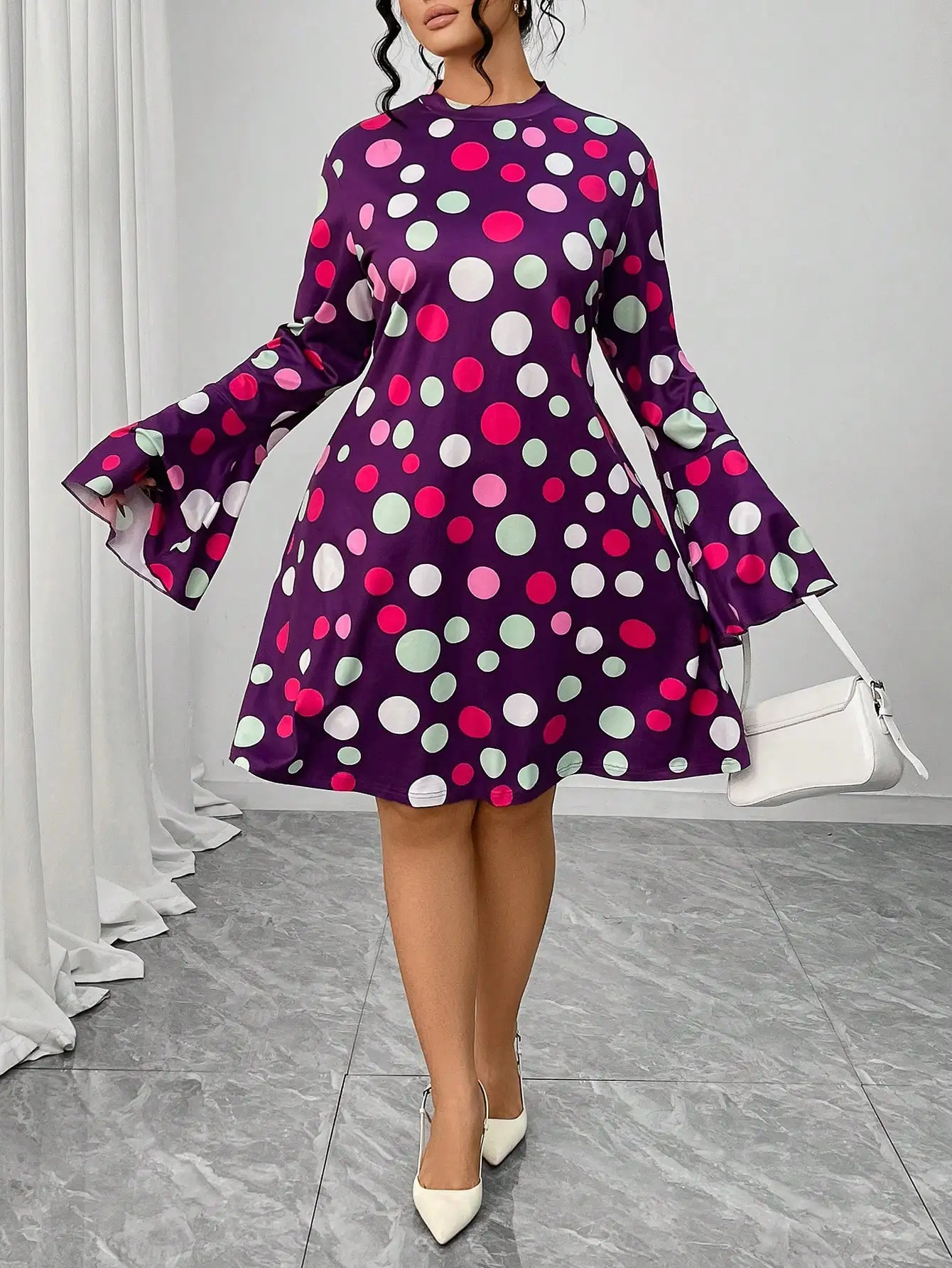 

Plus Size Women's Fashionable Casual Round Neck Polka Dot A-line Dress