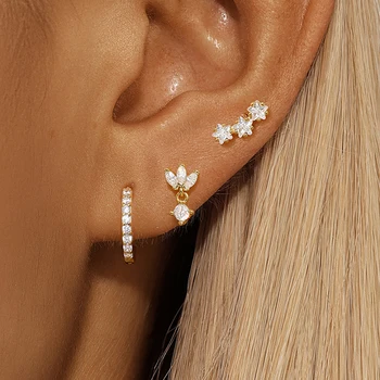 3PCS Luxury Starจี้ต่างหูเจาะชุดผู้หญิงสแตนเลสZircon Punk Ear Studsต่างหูLadyเครื่องประดับaretes