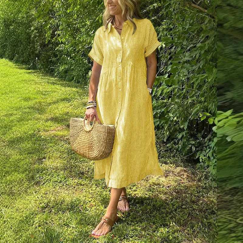 Loose Casual Cotton Linen Stripe Short Sleeve Shirt Dress Women Summer New Style Midi Skirt Straight Tube Dress for Ladies