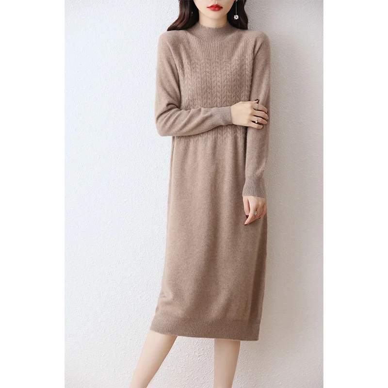 

Women's Half High Neck Dress 100% Pure Wool Loose Fitting Knee Length Knitted Cashmere Sweater, Medium Length Dress for Spring