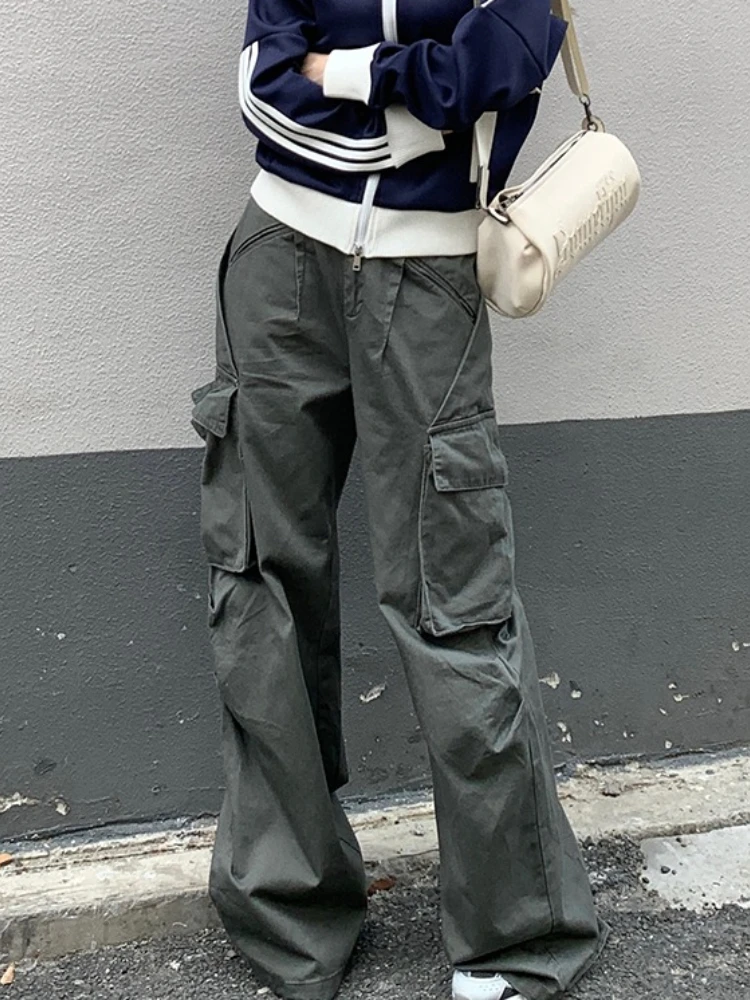 2026 Spring Autumn New Trendy Versatile Multi-Pocket Women Cargo Pants Stylish Loose Casual Floor Length Wide Leg Trousers