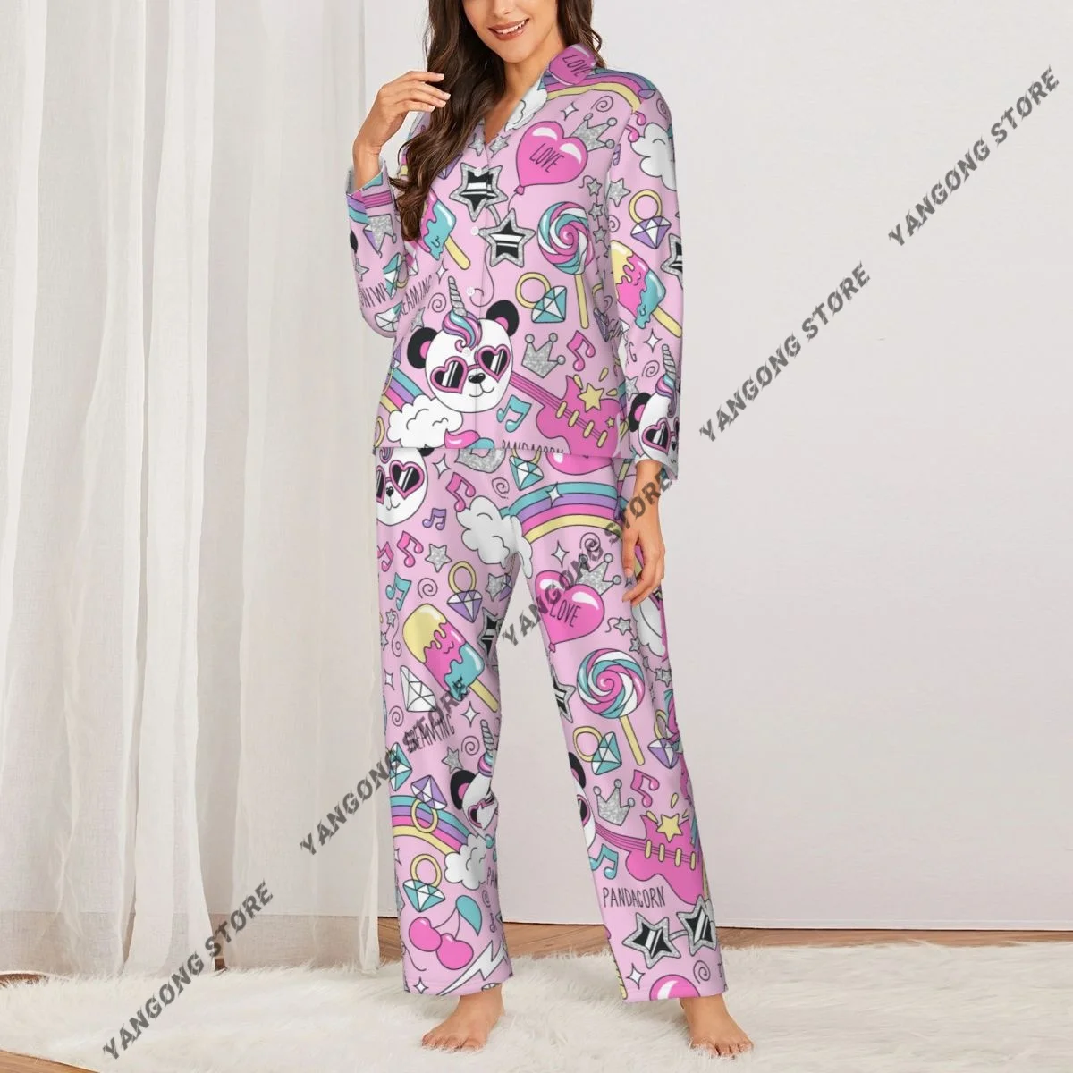 Women Sleepwear Loungewear Cute Panda Unicorn Long Sleeve Lapel Neck Shirt and Elastic Waist Pants Pajamas Set