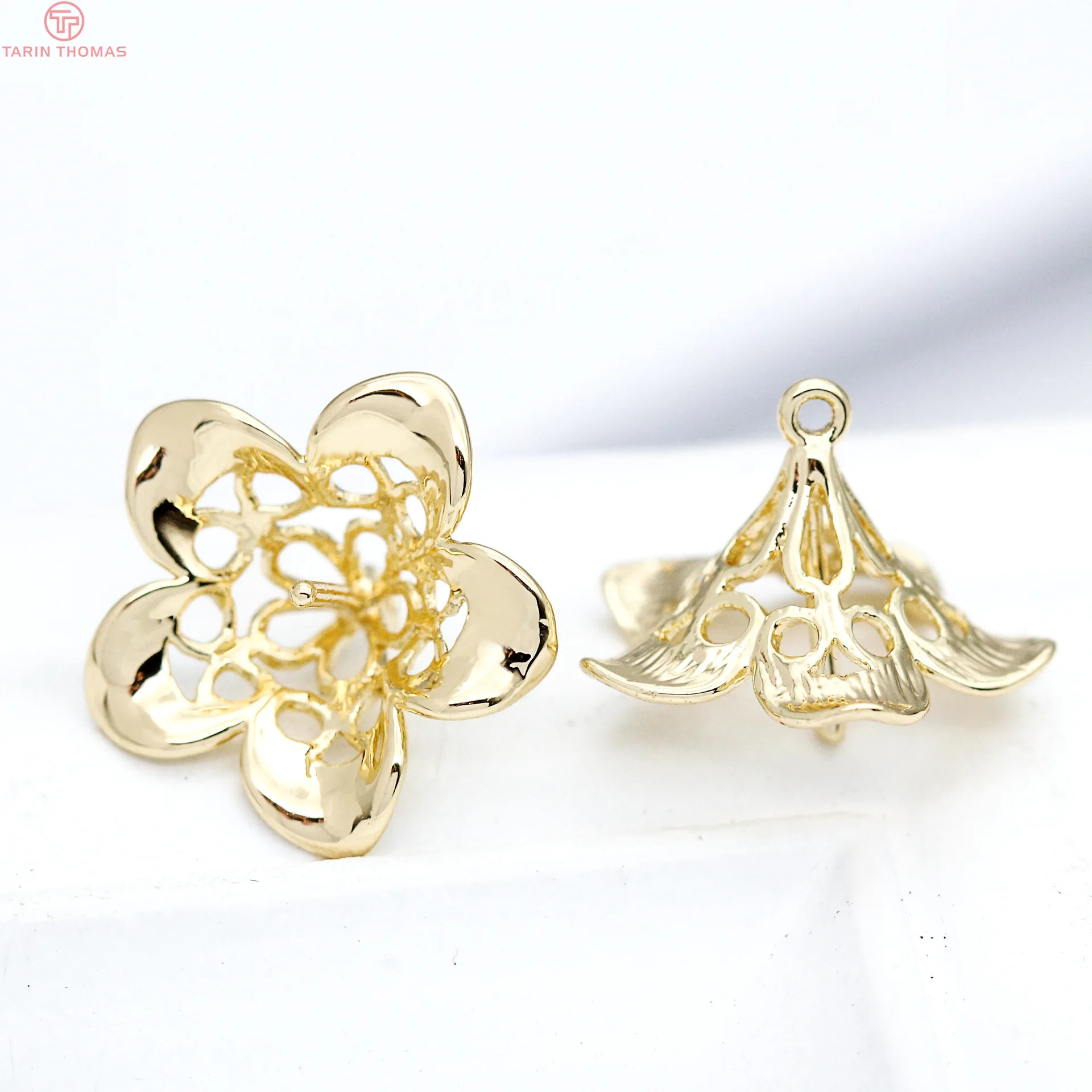 (3215)4PCS 15MM 24K Gold Color Plated Brass Flower Beads Caps with Half Pins Tassel Caps Jewelry Findings Earrings Accessories