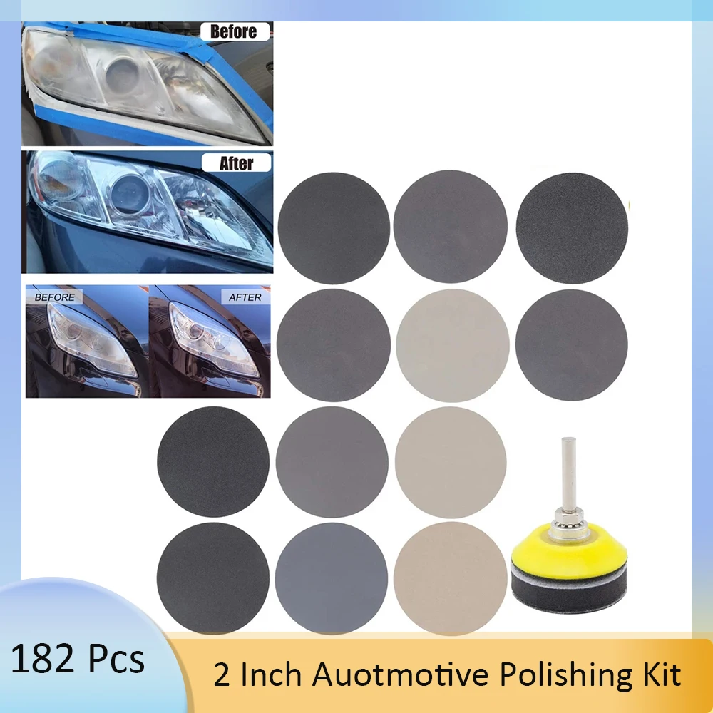 

182PCS Car Headlight Polishing Sandpaper Kit 2 Inch Wet Dry Sanding Discs Sander Sheets with Backing Pad Soft Foam Buffering Pad