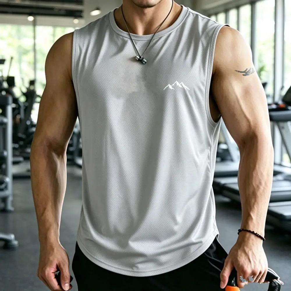 summer fitness sports vest, men's breathable loose net training sleeveless T-shirt, quick-drying vest, mountain logo clothing