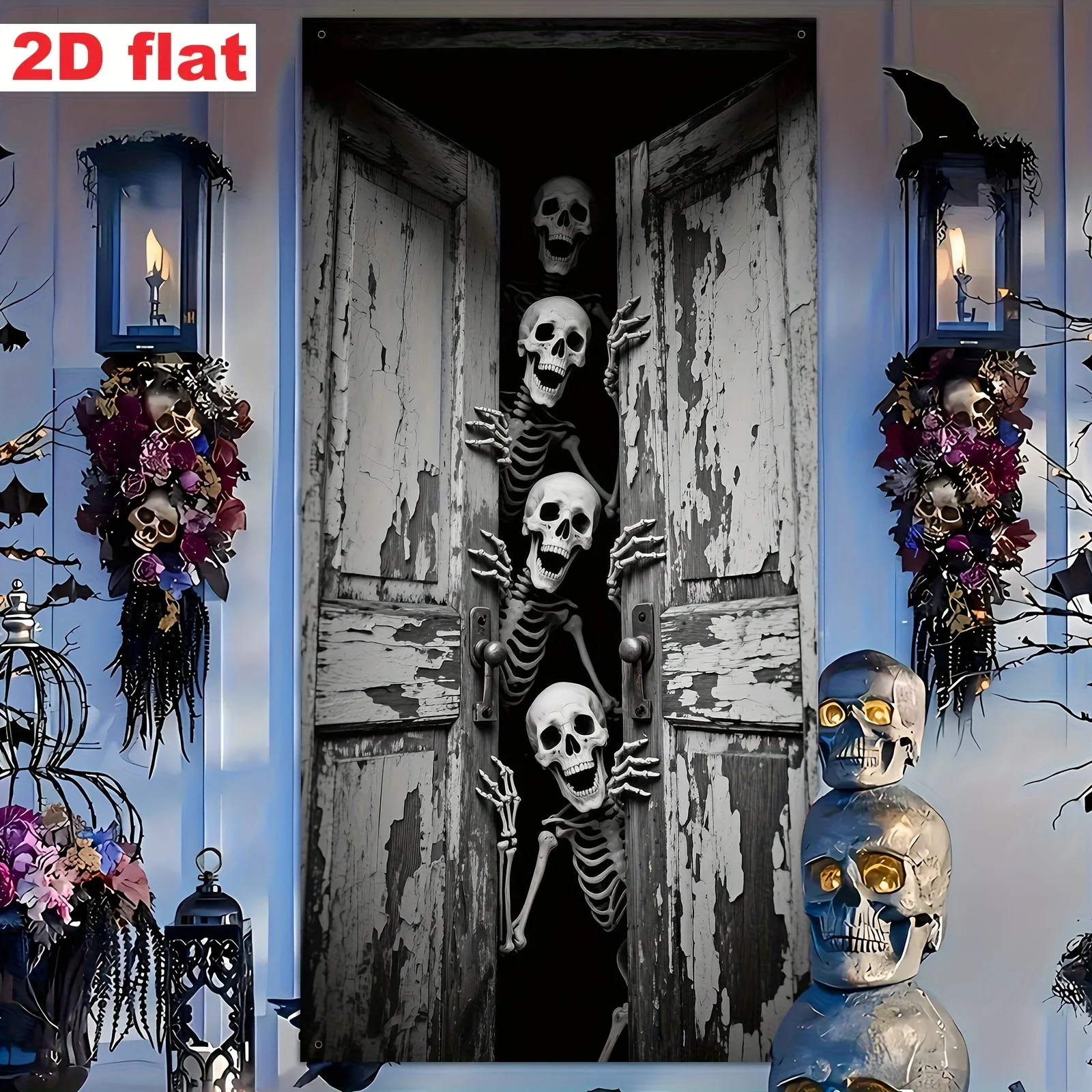 لافتة حفلة مسطحة ثنائية الأبعاد، ديكور إطار باب الهالوين - نمط رعب، تصميم مع مجموعة من الهياكل العظمية التي تفتح الباب.