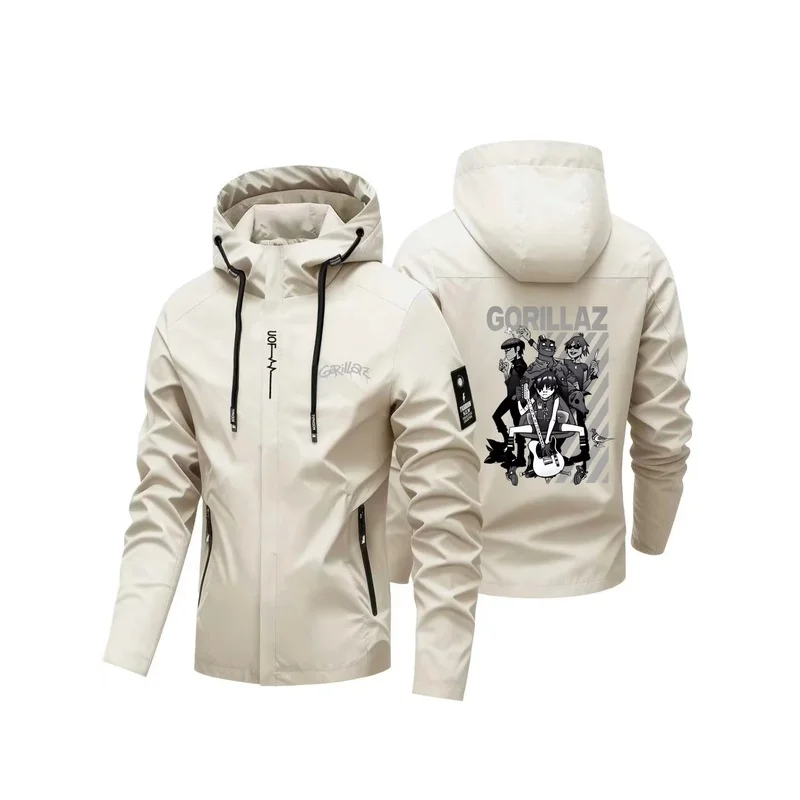 Black White Cartoon Band Figure Print Men's Hooded Windbreaker Full Zip Windproof Outdoor Jacket Street Outerwear for Men