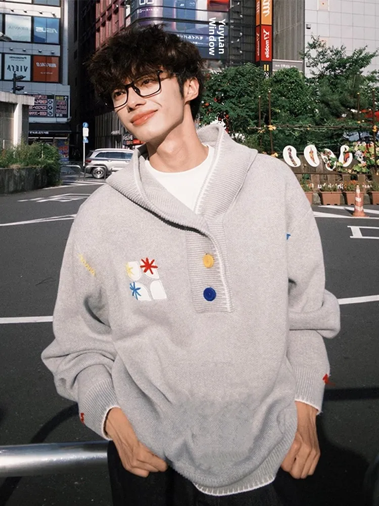 American Retro Hoodie Men's Autumn Casual Loose Comfortable Knitted Sweater Lazy Sle Outerwear Button Closure Long Sve