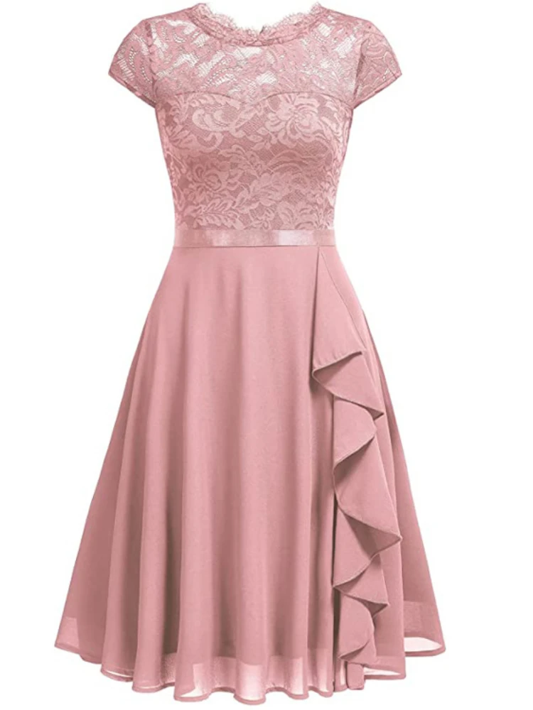 Elegant Short-sleeved Lace Ruffles Chiffon Short Dress