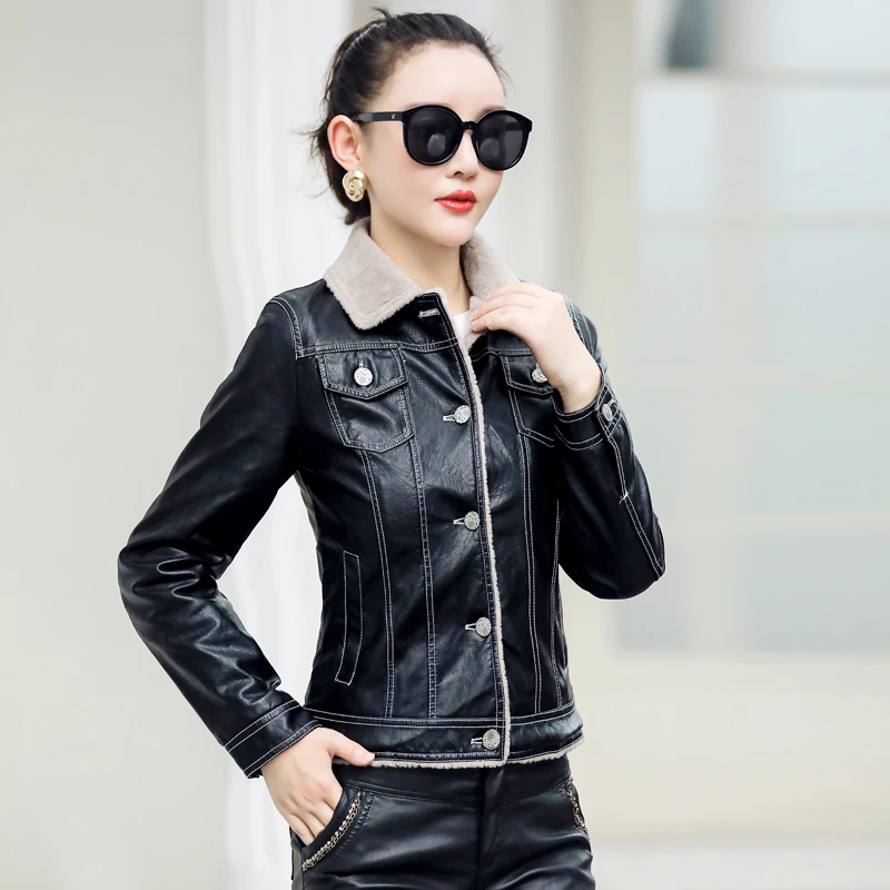 Pop Women Genuine Leather Jacket Autumn Winter Casual Fashion Double-Faced Lambswool Liner Slim Short Thick Warm Sheepskin Coat