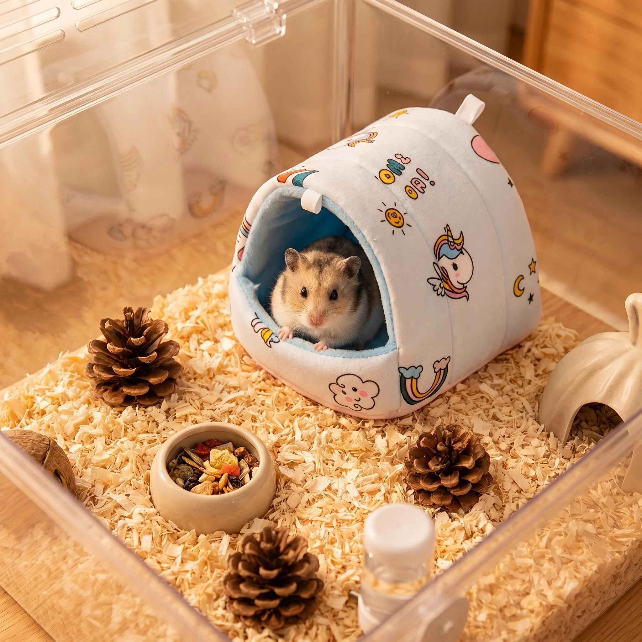 Semi-Enclosed Warm Hamster Nest with Cartoon Prints, Fully Covered Fluffy Hiding House for Small Pets, Cozy Resting Shelter