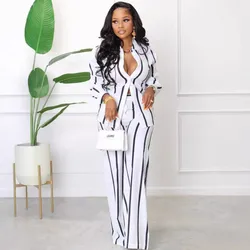 2 Piece Women Sets 2024 New Arrival Summer Autumn Matching Sets Stripe Two Pieces Sets Top And Pants Suits Outfits Clothing