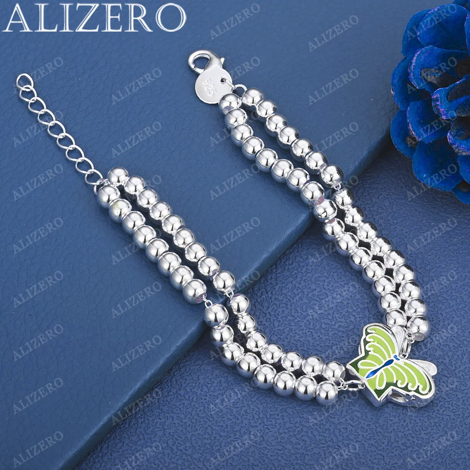 ALIZERO 925 Sterling Silver Green Butterfly 6mm Round Bead Double Chains Bracelet Fashion Jewelry Exquisite Party Gift