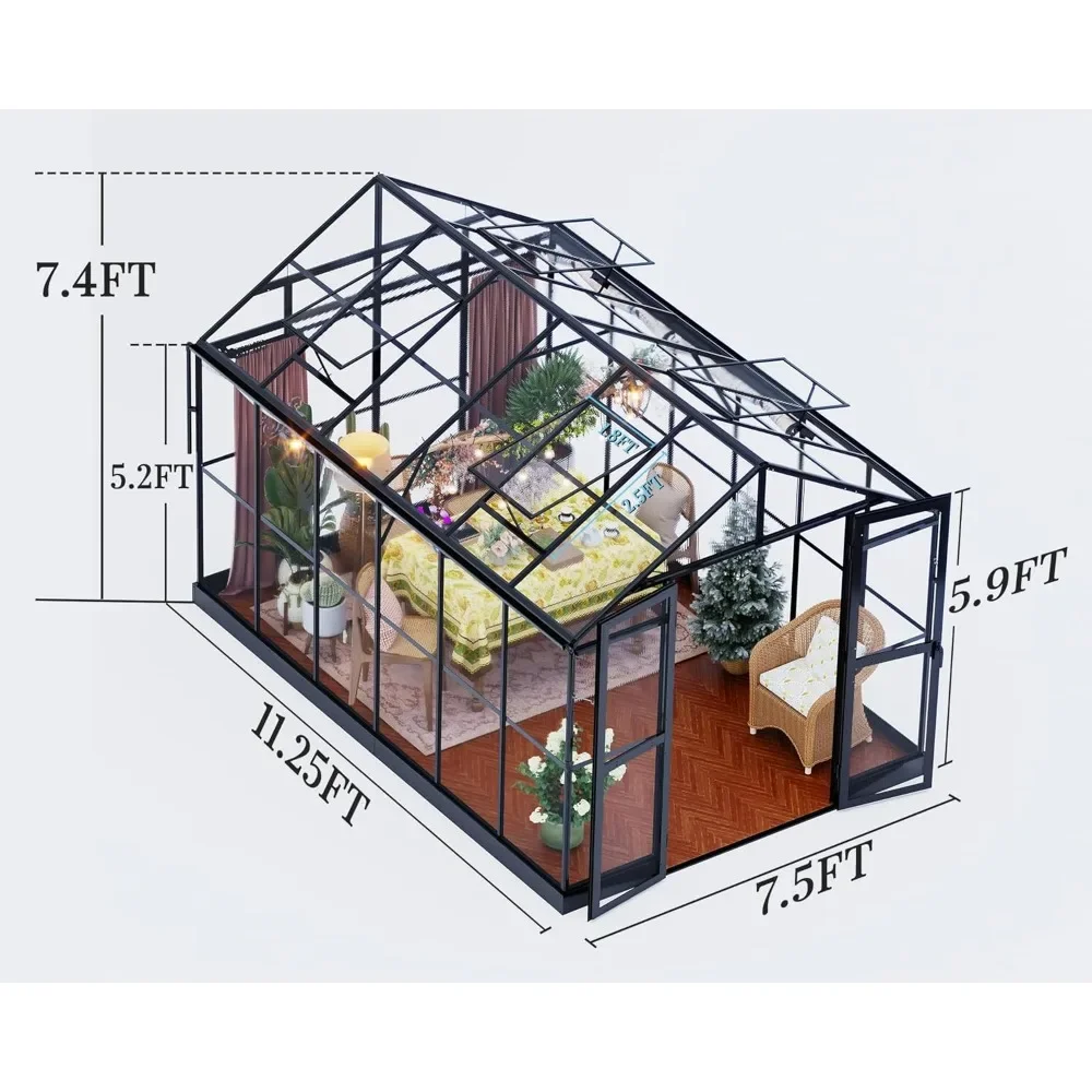 7.5x11.2x7.4 FT Greenhouse - Outdoor Aluminum Polycarbonate Greenhouse with Ventilation and Rain Gutter,  Walk in Greenhouse