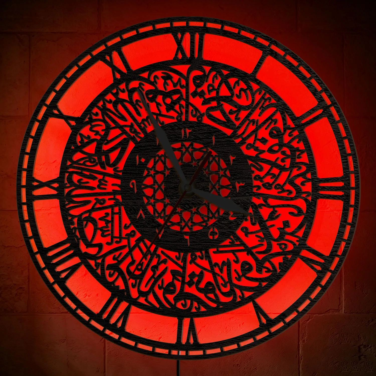 Islamic Arabic Calligraphy Wooden Wall Clock with LED Backlit Muslim Religious Home Decor Color Changing Night Light Wall Clock