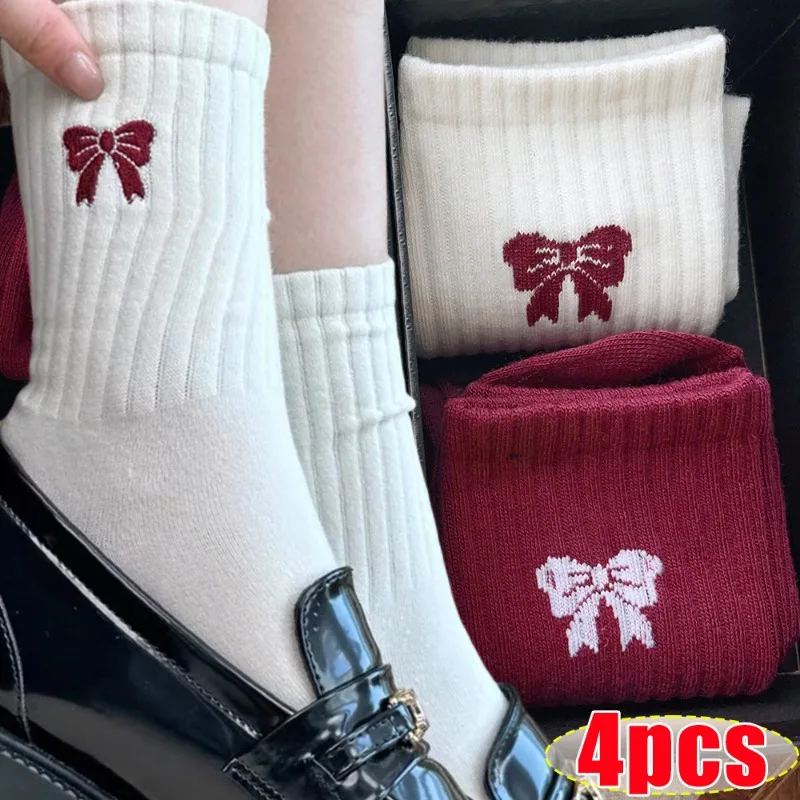 

Милые хлопковые носки с бантом, винно-красные, белые вязаные носки до щиколотки, эластичные теплые средние носки-трубы для милых девушек, осенне-зимние чулочно-носочные изделия