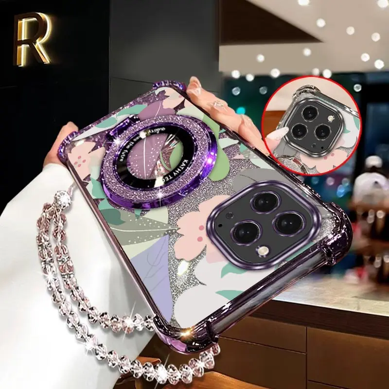 

16ProMax Pink flowers Plating Bracelet Holder Phone Case For iPhone 16ProMax 14 15Pro 16Pro 14Pro 13Pro 13 16 15ProMax 15 Cover