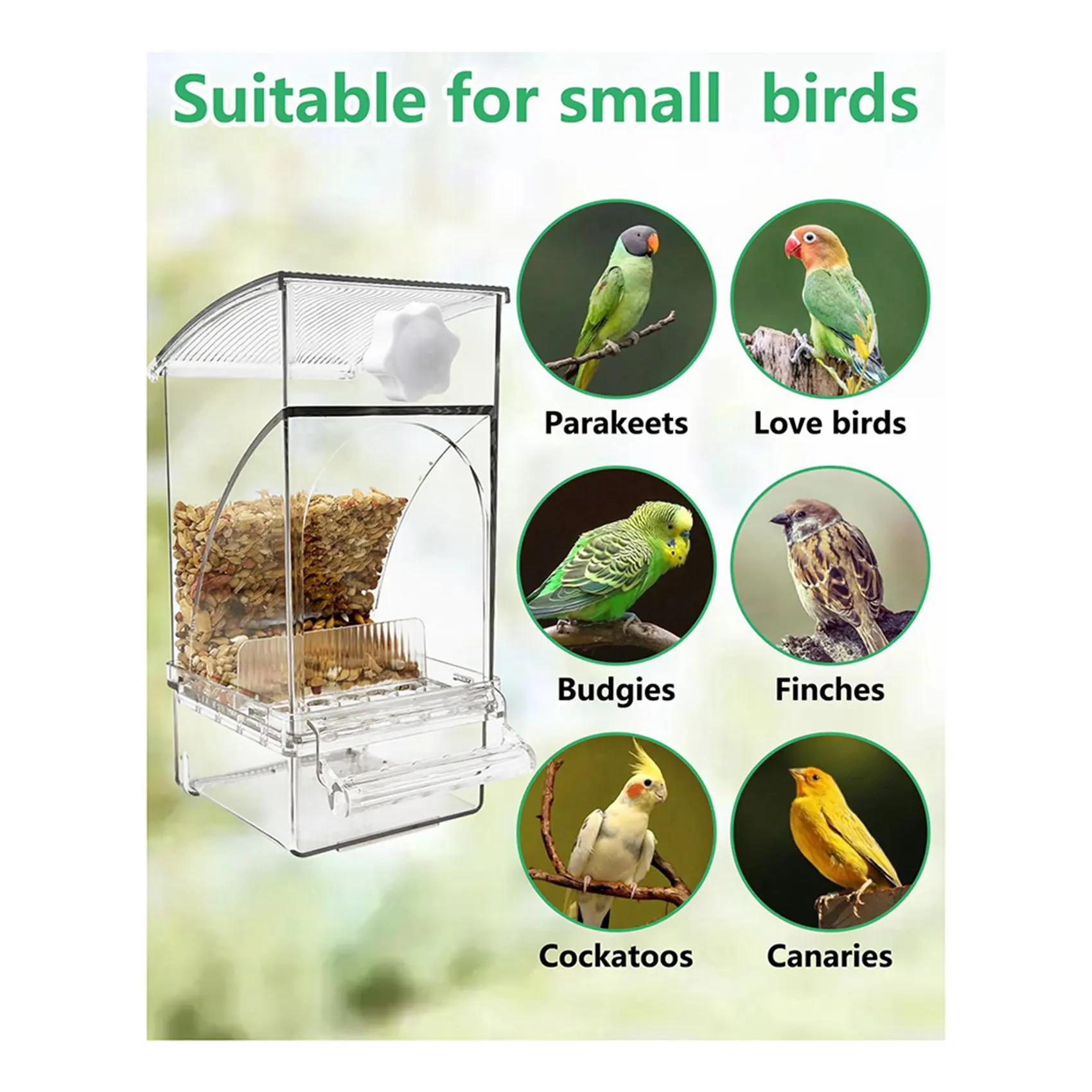 

ABRW-2X No Mess Bird Feeder Automatic Transparent Parrot Food Container Cage Accessories For Parakeet Budgies Canary