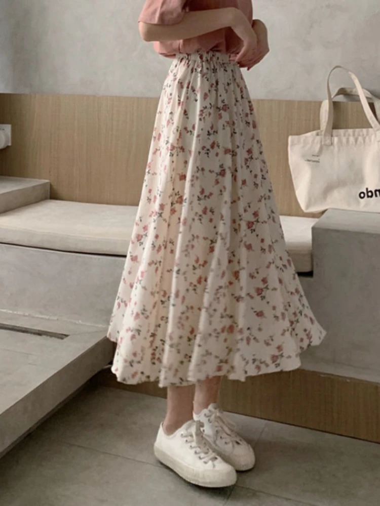 A-Line Floral Print Skirt for Women, Slimming Long Dress, Fairy Style, Fresh Sweet Skirts, Summer Forest System New Fashion 2024