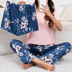 Women's Pajamas 3-Piece Set Sleepwear Home Clothes Autumn Short Sleeve Top with Shorts & Long Pants Loungewear Short Suit Pyjama