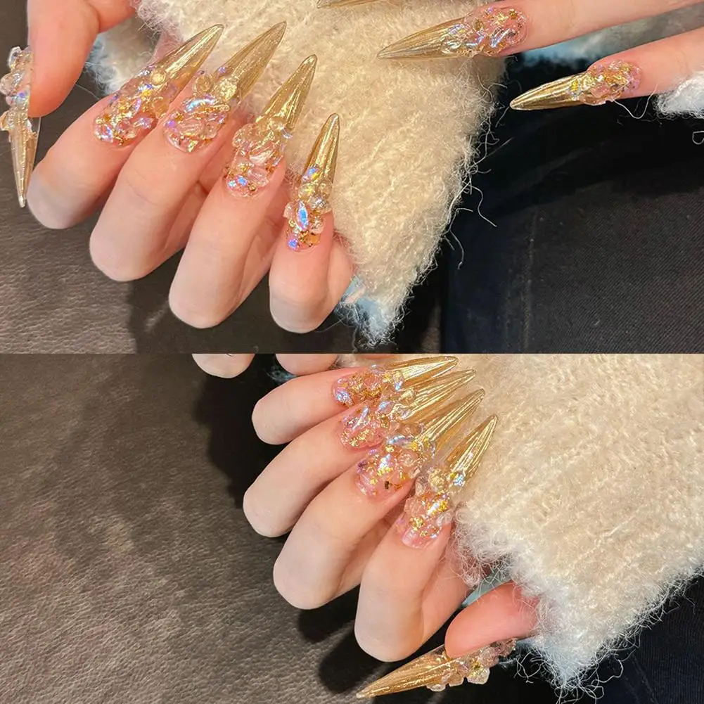 10Pcs Golden French Fake Nails Long Stiletto Handmade Press On False Nails With Rhinestone Wearable Almond Full Cover Nail Tips