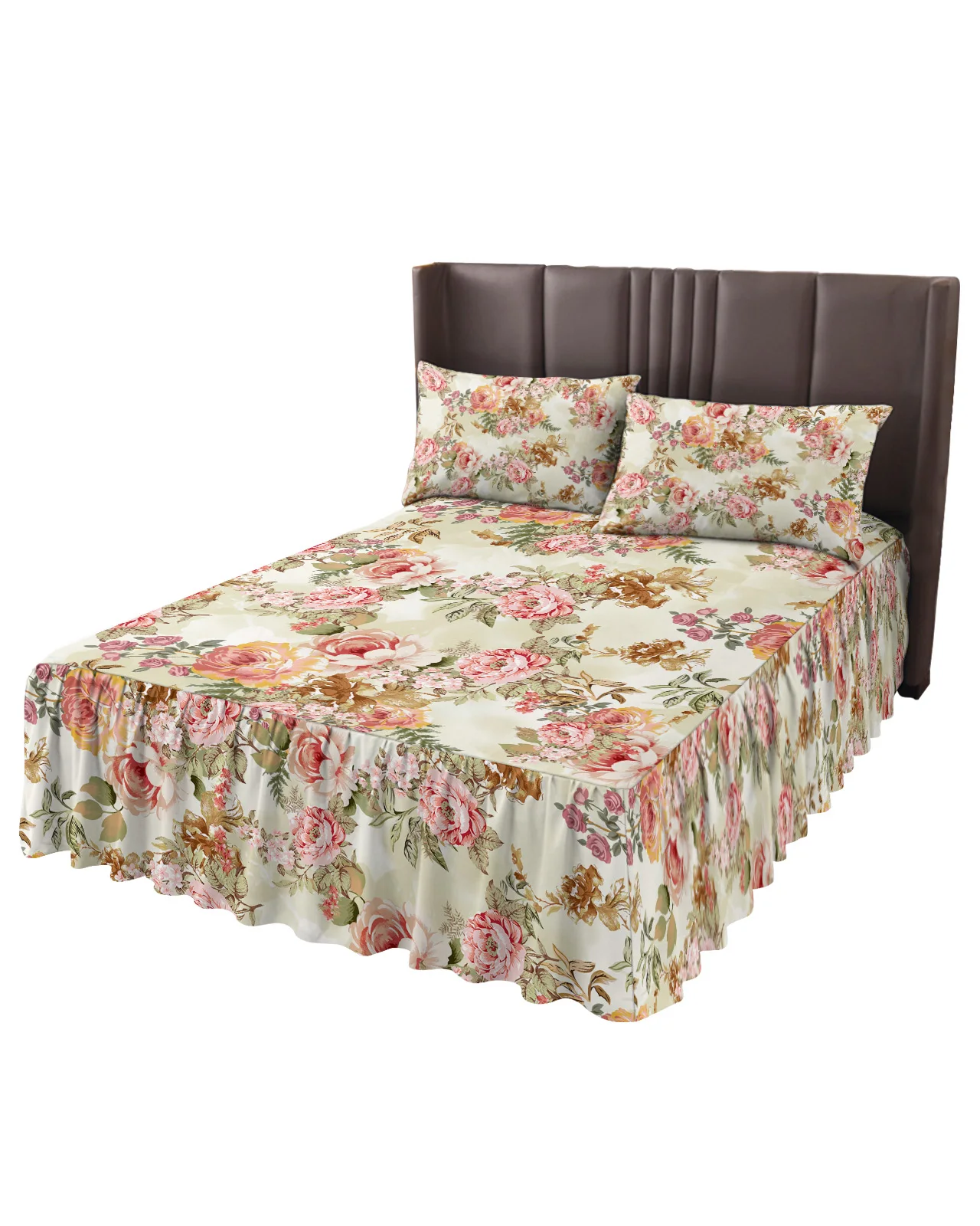 Vintage Flower Leaf Abstract Bed Skirt Elastic Fitted Bedspread With Pillowcases Mattress Cover Bedding Set Bed Sheet