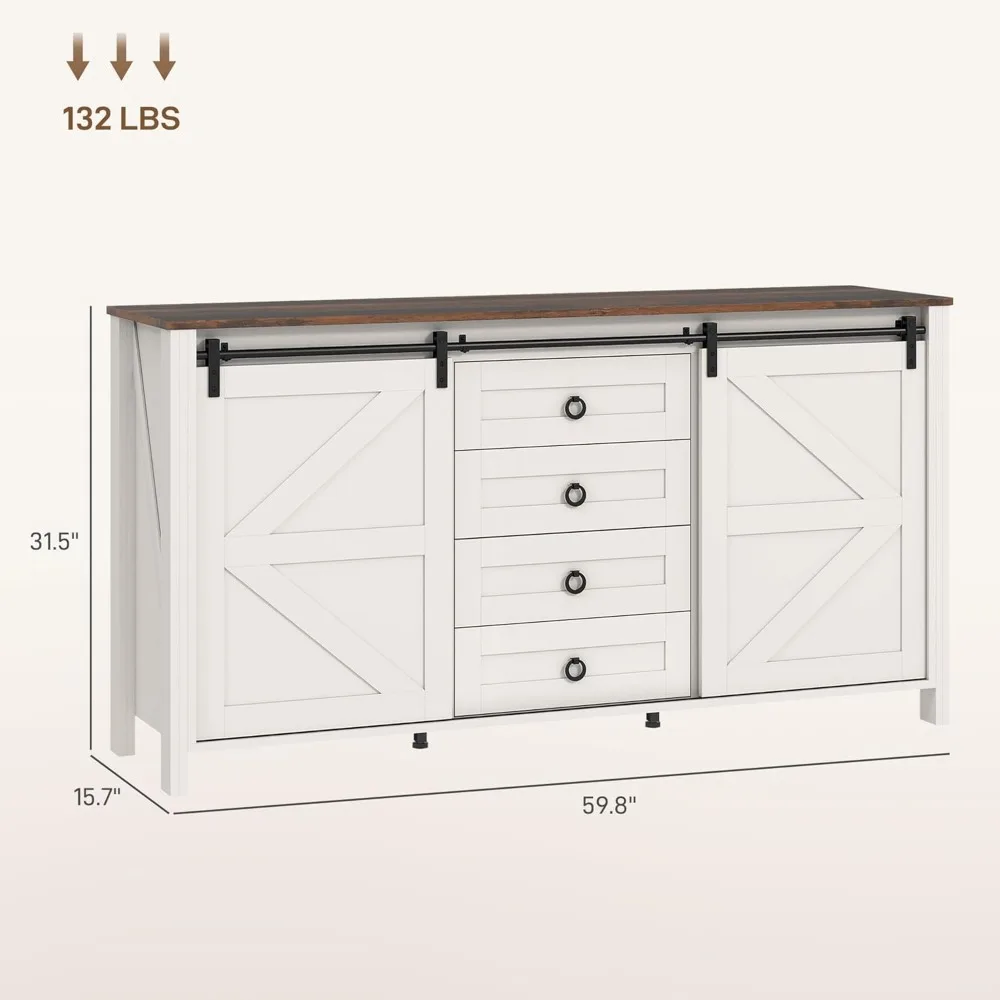 Farmhouse Sideboard Buffet Cabinet with Storage,60" Kitchen Cabinet with 2 Sliding Barn Doors,4 Drawers and 2 Adjustable Shelves