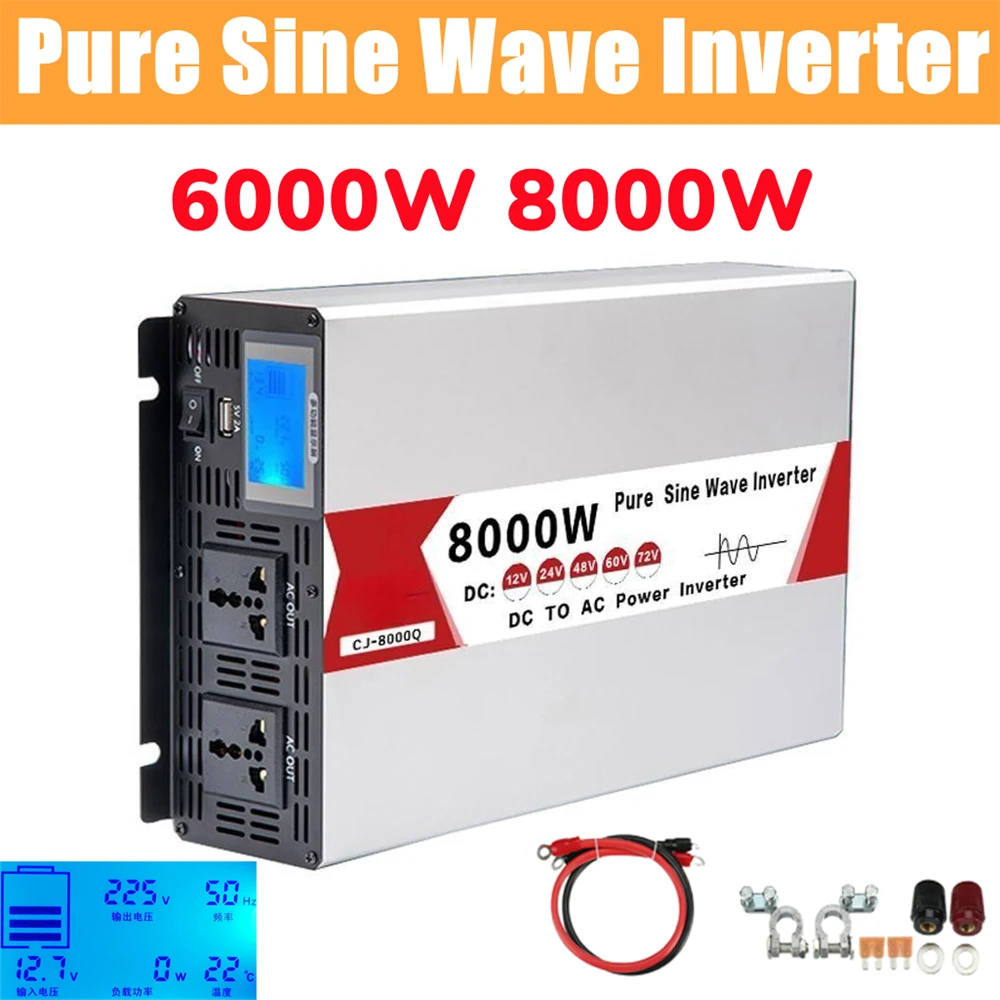 

Pure Sine Wave Power Inverter 6000W 8000W DC 12V 24V 48V 60V 72V To AC 110V/220V Car Solar Converter Inverter for RV Vehicle