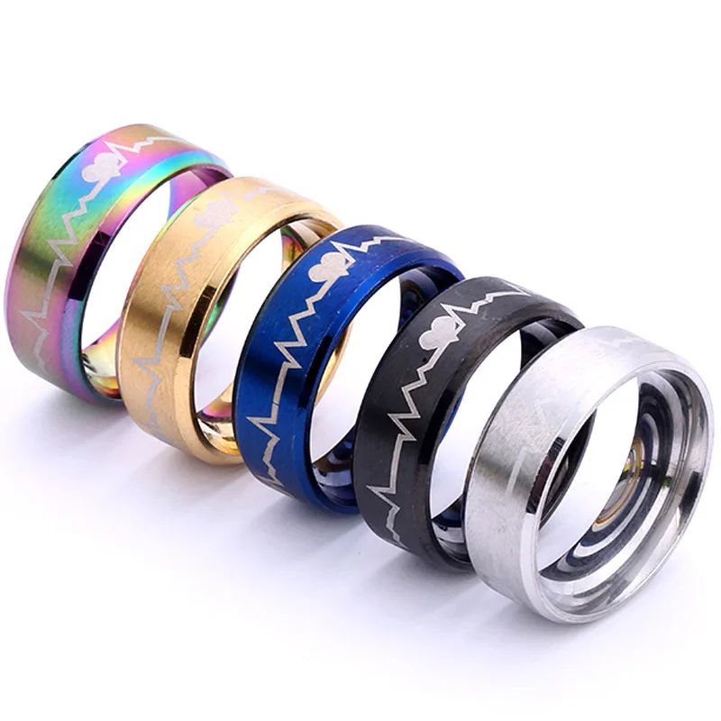 8MM Titanium Steel Ring for Men/Women Black Electrocardiogram Wave Heartbeat Design Stainless Steel Fashion Jewelry Simple Style
