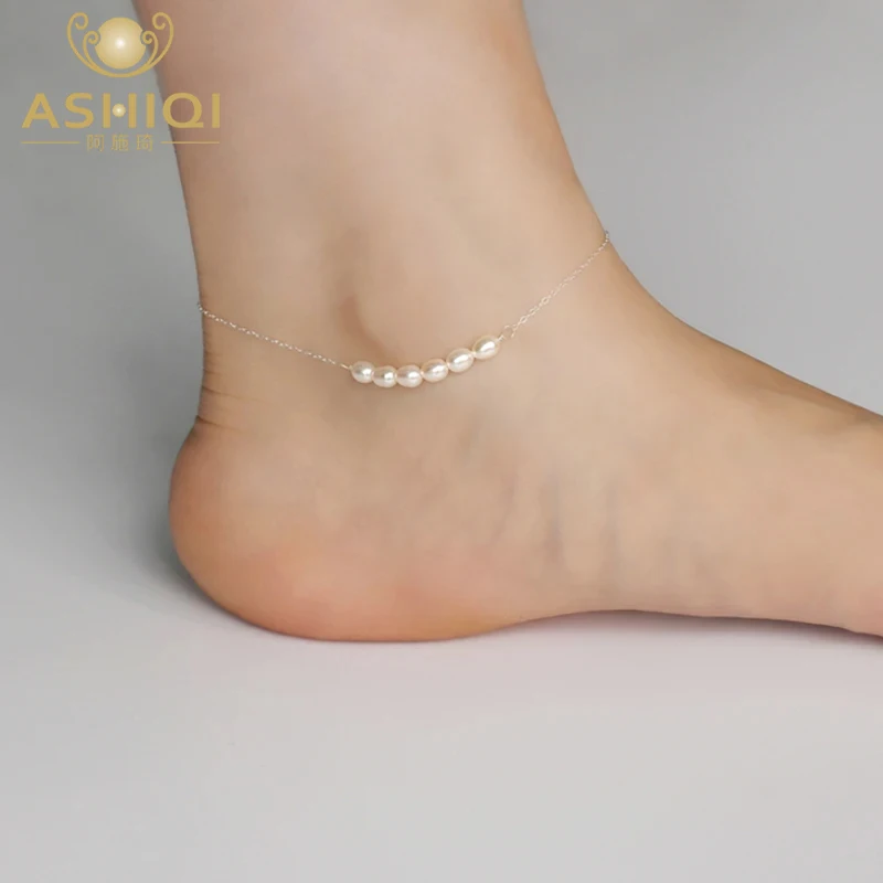 ASHIQI 925 Sterling Silver Natural Freshwater Pearl Anklets for Women  Foot  Fashion Jewelry Gift