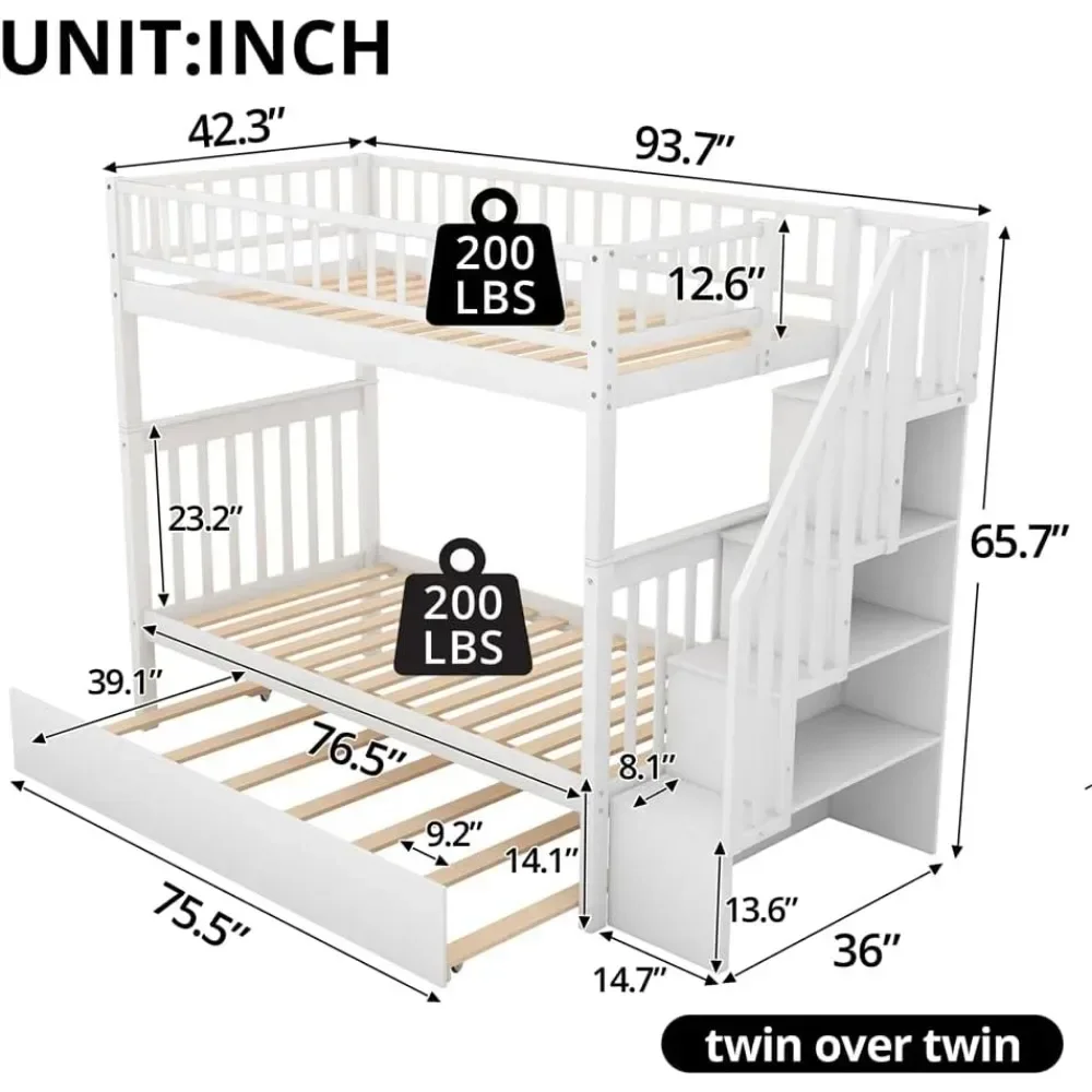 Bunk Bed,Twin Trundle & Staircases, with Safety Rails for 3 Teens Adults, Convertible Into 2 Platform Beds, Wood Bunk Bed Frame