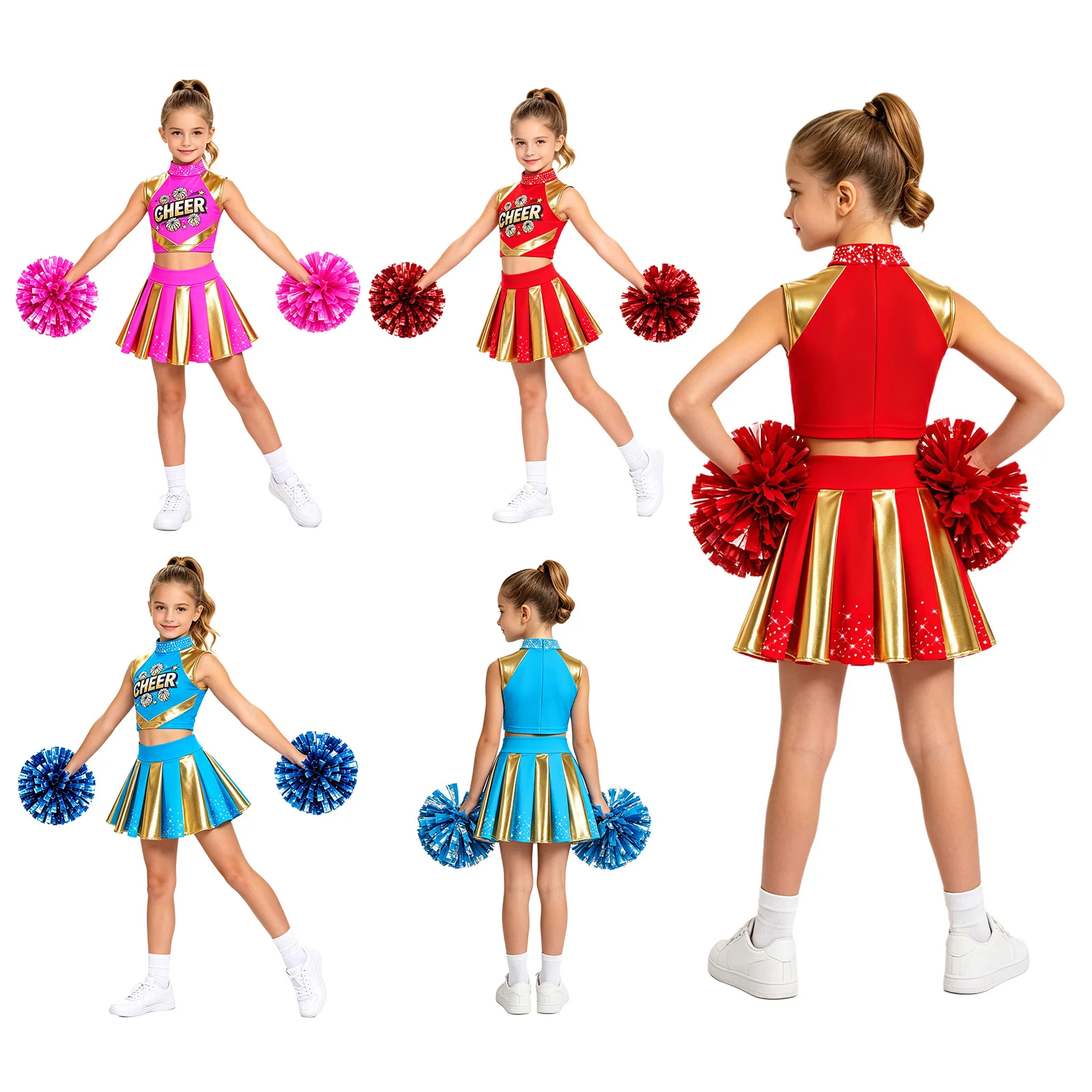 Cheerleader-Kostüm für Mädchen, Cheerleading-Uniform, 2-teiliges Set, ärmelloses Top mit Strasssteinen und „CHEER“-Aufdruck, kurzes Oberteil, plissierter Rock, Tanzoutfit. – Detail 2