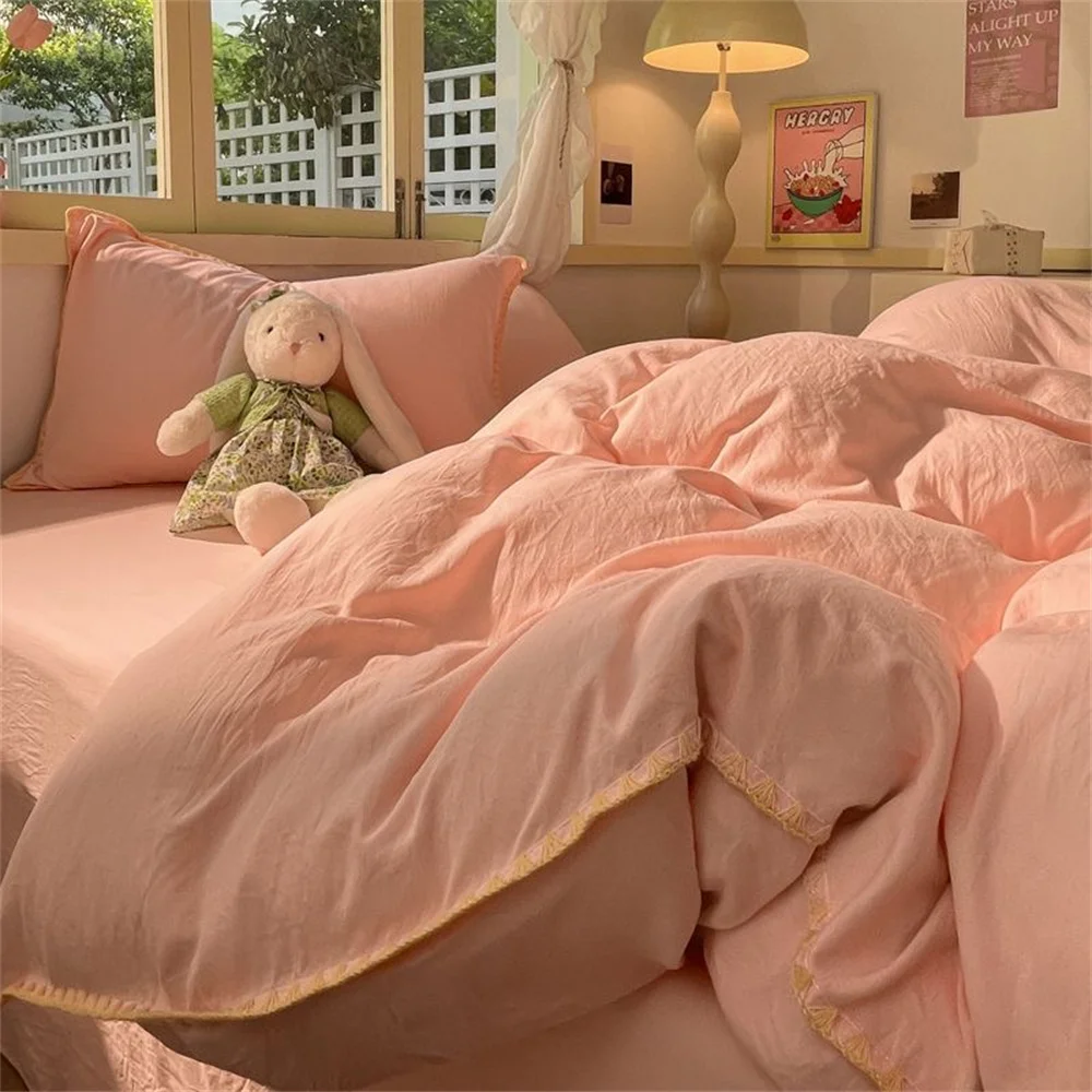 

Ins Style Pink Solid Color Bedding Sheet Nordic Duvet Cover Set Hot Sale Home Luxury Bedding Set Bed Sheet Comfortable Bedspread