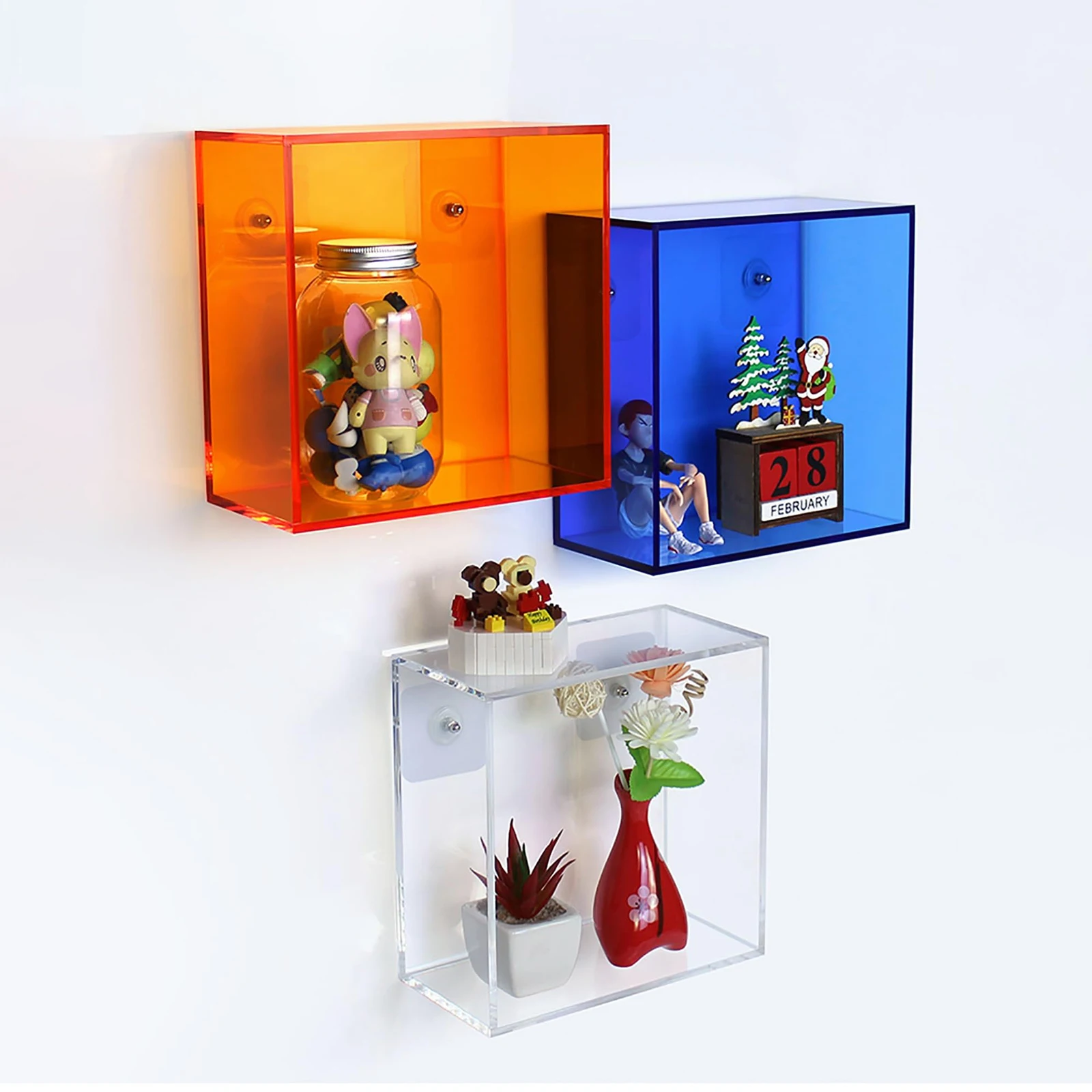 Acrylic Floating Wall Hanging Shelf Display Case,Decorative Acrylic Geometric Display for Photos,Plants,Toys,Books,Decoration