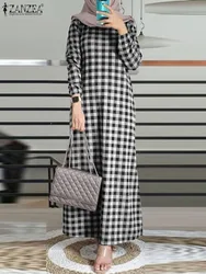 ZANZEA Long Sleeve Women Checked Vestidos Islamic Hijab Muslim Fashion Autumn 2024 Side Slit Abaya Robes Casual Loose Maxi Dress