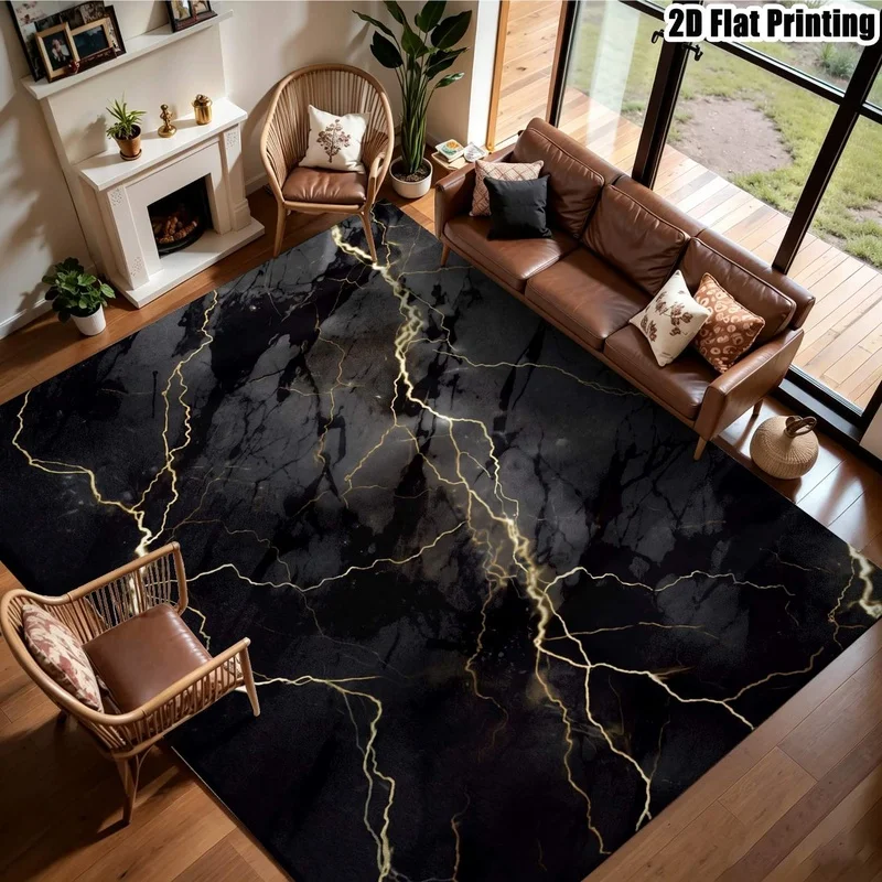 Large Indoor Area Rug, Soft Velvet Low Pile Machine Washable Modern Black Gold Marble Lightning Abstract Rug for Living Room Bedroom Home Decor