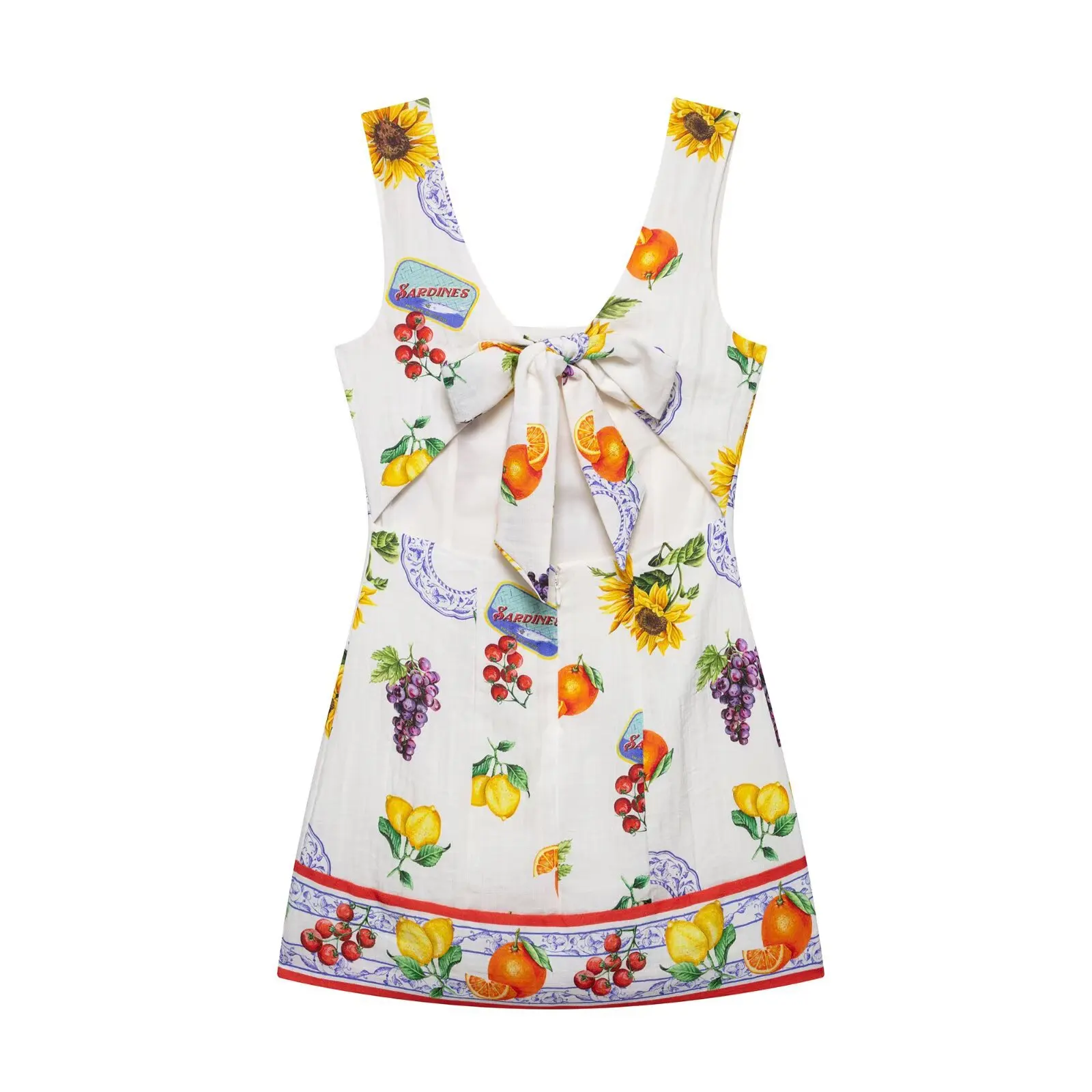 

2025 Summer Women Back Bow Mini Dress Sweet Print Sleeveless Square Collar Dress High Street Backless Beach Party Dress