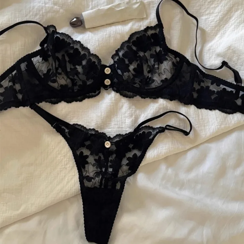 Sexy Lace Flowers Embroidery Lingerie Set for Women Ultra Thin Breathable Bra Button Decoration Underwear French Bras Thong Sets view 3