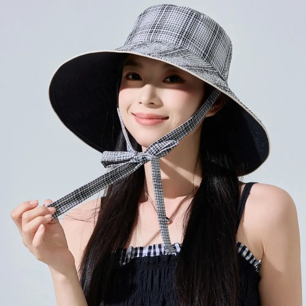 Windbreak Rope Fisherman Hat Lace-up Double Sided Wearing Sunshade Basin Hat Solid Color Sun Hat Tie Bucket Cap Summer