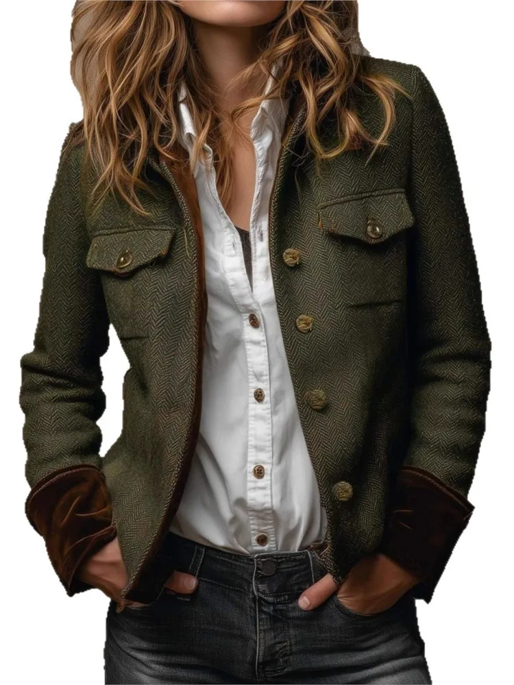 

Women's Vintage Herringbone Tweed Blazer with Velvet Trim Coat New Autumn Winter Fashion Buttons Suit Coat Office Ladies Blazer