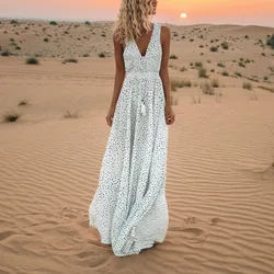 Casual Print Fashion Sleeveless Tank Long Dress 2025 Summer Boho V Neck Loose A Line Dress Elegant Beach Party Dress Robe Femme