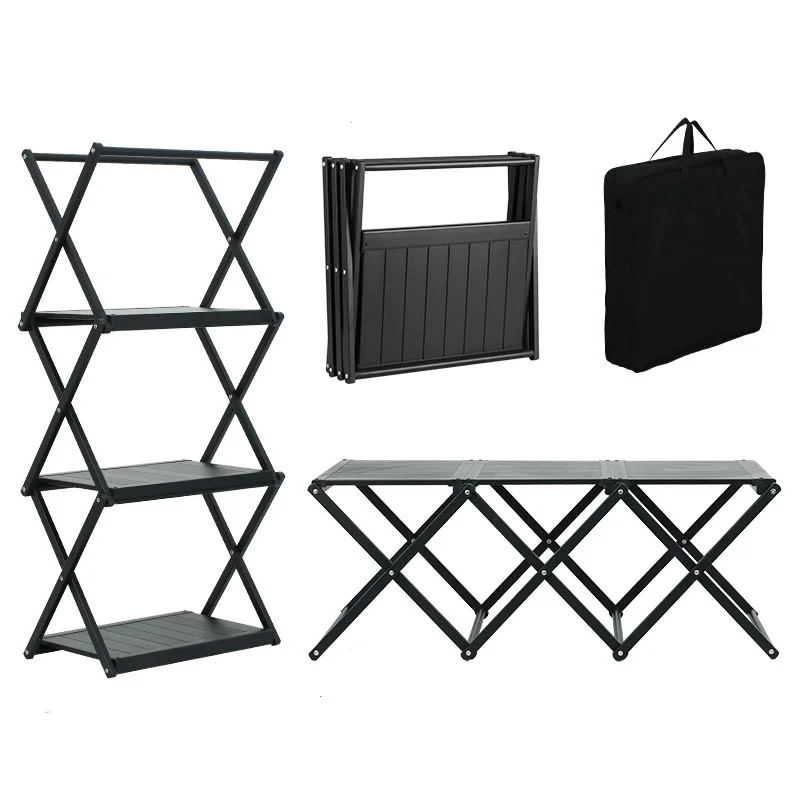 Custom 2 In 1 Folding Shelf Storage Rack, 3-Tier Aluminum Alloy Organizer Shelves With Carry Bag, Outdoor Camping Table