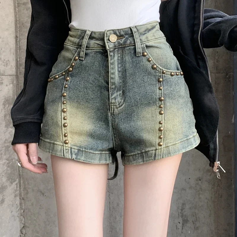 

Retro Rivet Women Denim Shorts Summer Vintage Hotsweet High Street Jeans High Waist Washing Streetwear Female Hot Shorts New
