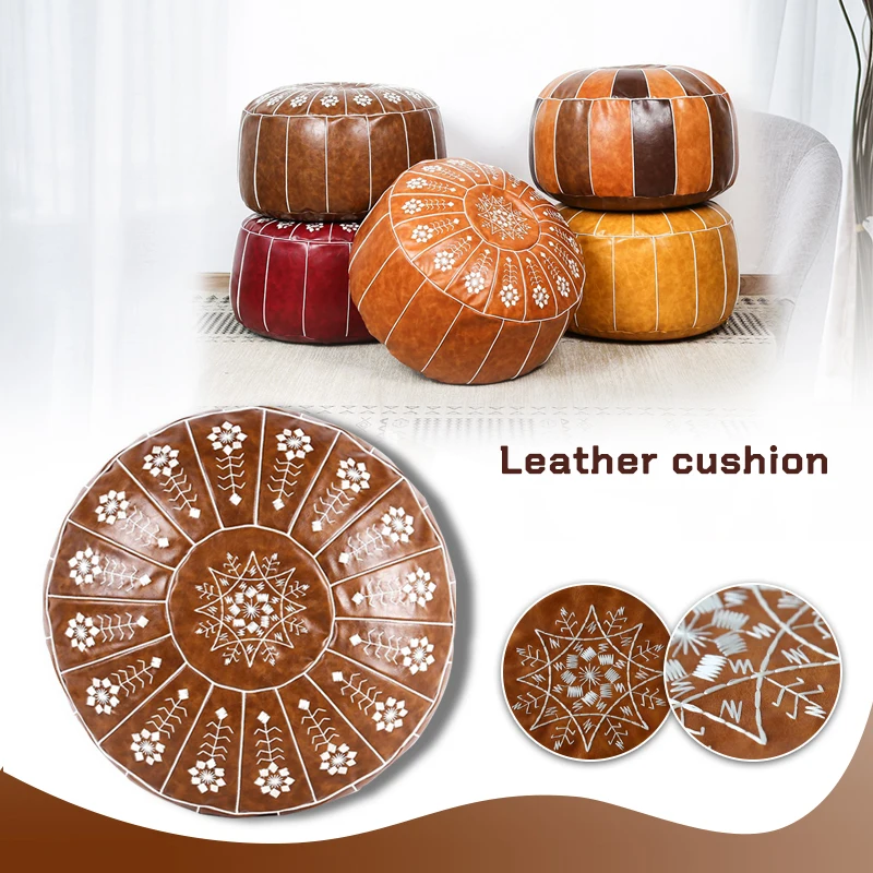 Moroccan PU Leather Pouf Nordic Mandala Embroider Craft Hassock Ottoman Footstool Artificial Leather Unstuffed Cushion