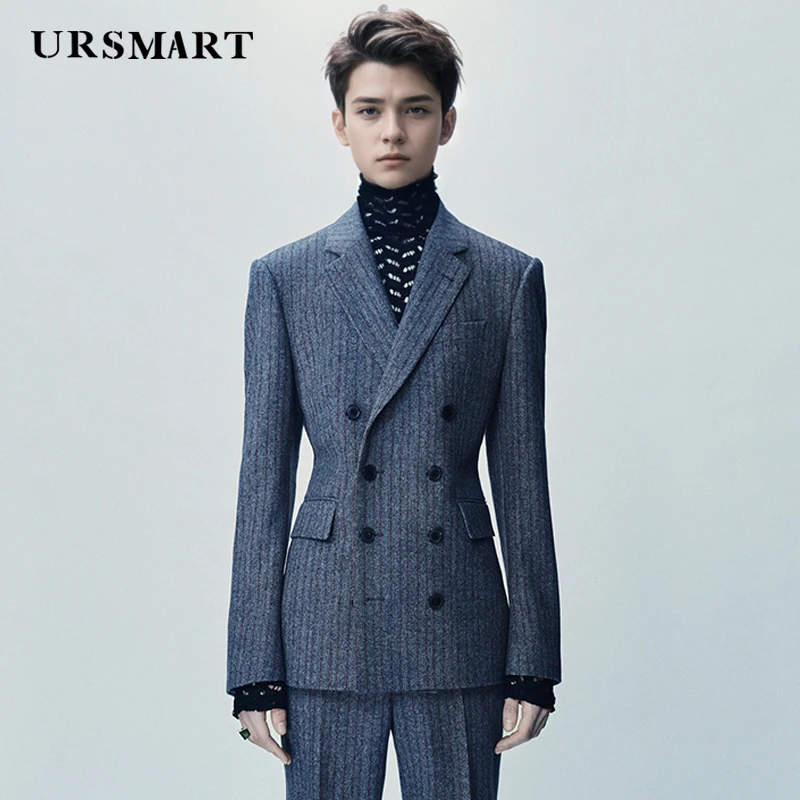 

High quality wool gray striped men's formal suit with double breasted British style elegant gentleman casual suit tailored Coat