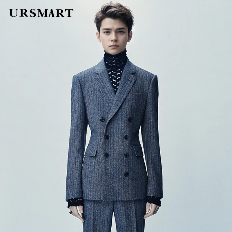 High quality wool gray striped men's formal suit with double breasted British style elegant gentleman casual suit tailored Coat