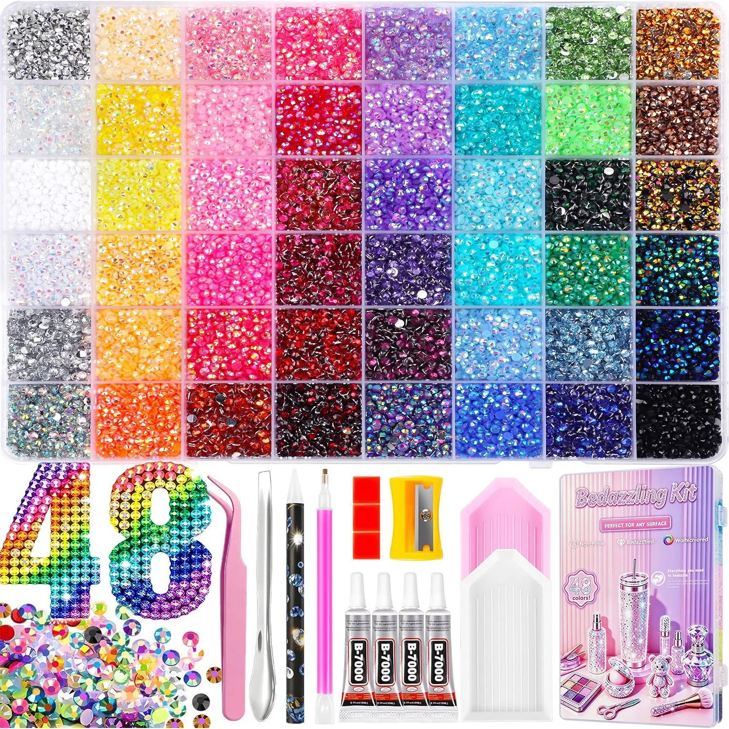 48 Grid Shimmering Crystal Nail Art Rhinestones - Flatback Gemstones for Versatile Decoration - Adorns Nails Shoes Makeup Bags